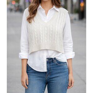 Altar’d State Beige Cable Knit Sweater Vest Preppy Academia Size Medium Women's